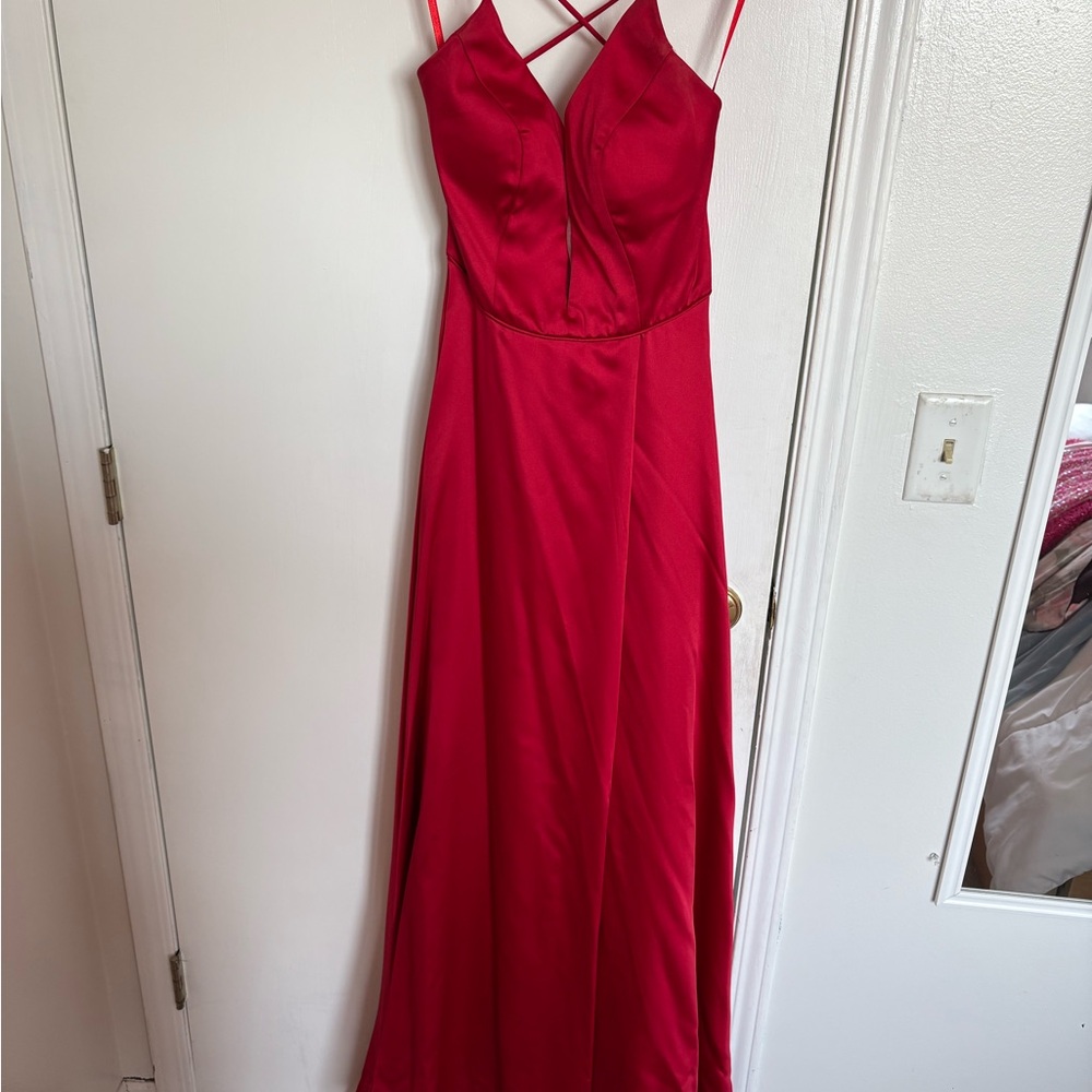 Dave & Johnny Satin Gown with Criss Cross Back